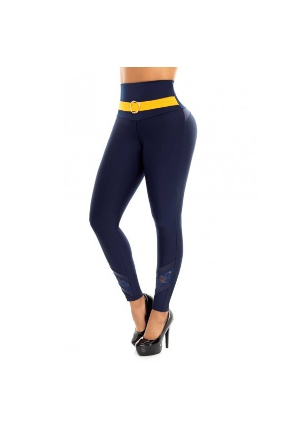 Legging gainant très stylé bleu marine avec ceinture jaune